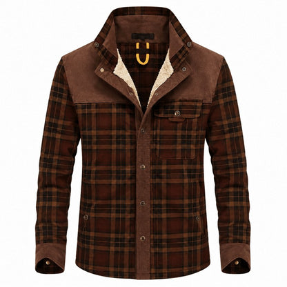 Karierte Herren-Hemdjacke mit Borg-Fleecefutter, Stehkragen und Brusttasche in Kaffeebraun
