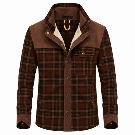 Karierte Herren-Hemdjacke mit Borg-Fleecefutter, Stehkragen und Brusttasche in Kaffeebraun