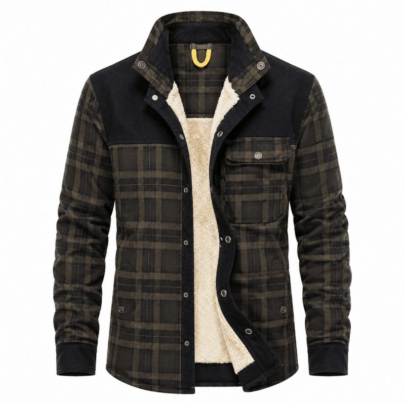 Karierte Herren-Hemdjacke mit Borg-Fleecefutter, Stehkragen und Brusttasche in Grün-Schwarz