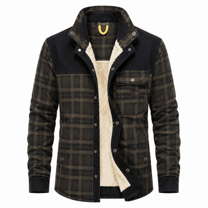 Karierte Herren-Hemdjacke mit Borg-Fleecefutter, Stehkragen und Brusttasche in Grün-Schwarz