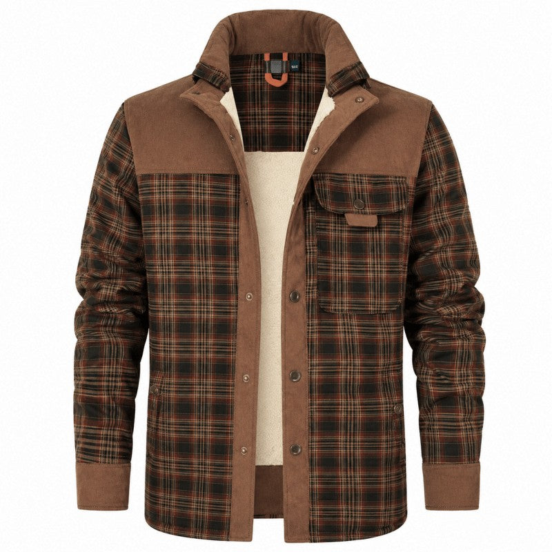 Karierte Herren-Hemdjacke mit Borg-Fleecefutter, Stehkragen und Brusttasche in Braun