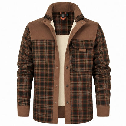 Karierte Herren-Hemdjacke mit Borg-Fleecefutter, Stehkragen und Brusttasche in Braun