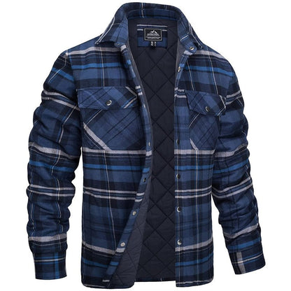 Karierte Herren-Hemdjacke mit gestepptem Futter, Druckknöpfen und Brusttaschen in Dunkelblau