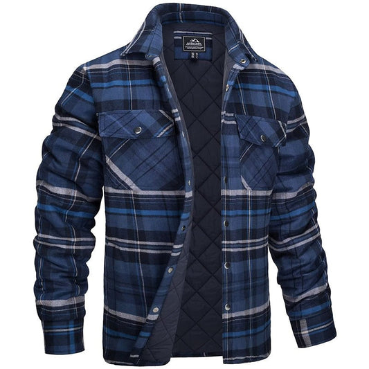 Karierte Herren-Hemdjacke mit gestepptem Futter, Druckknöpfen und Brusttaschen in Dunkelblau