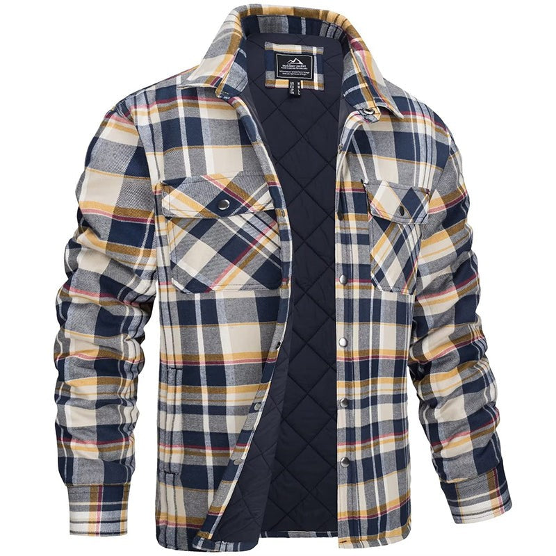 Karierte Herren-Hemdjacke mit gestepptem Futter, Druckknöpfen und Brusttaschen in Gelb
