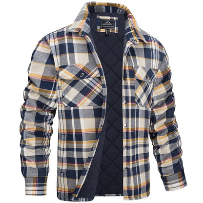Karierte Herren-Hemdjacke mit gestepptem Futter, Druckknöpfen und Brusttaschen in Gelb