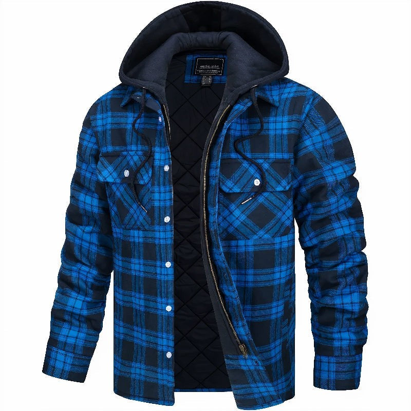 Karierte Herren-Hemdjacke mit Kapuze, Steppfutter und Reißverschluss mit Druckknopfleiste in Blau