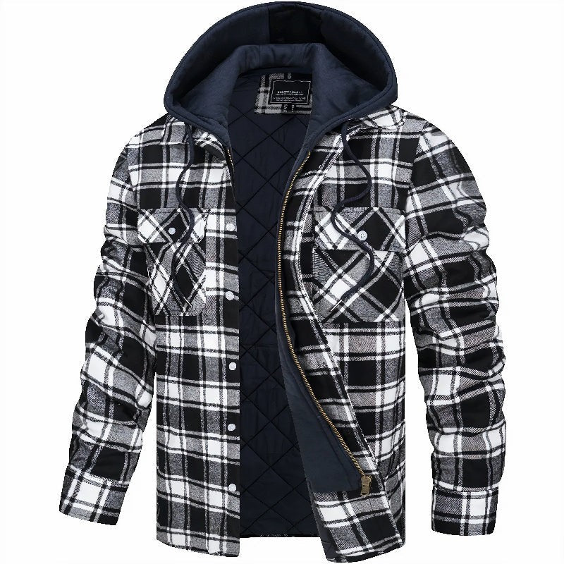 Karierte Herren-Hemdjacke mit Kapuze, Steppfutter und Reißverschluss mit Druckknopfleiste in Schwarz
