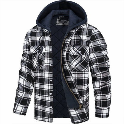 Karierte Herren-Hemdjacke mit Kapuze, Steppfutter und Reißverschluss mit Druckknopfleiste in Schwarz