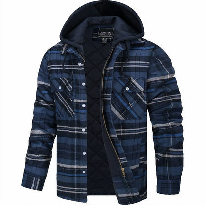 Karierte Herren-Hemdjacke mit Kapuze, Steppfutter und Reißverschluss mit Druckknopfleiste in Dunkelblau