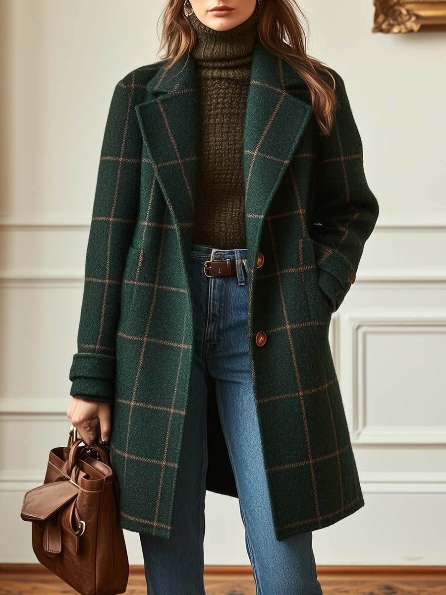 Karierter Damen-Tweedmantel mit Reverskragen und aufgesetzten Taschen für den Winter in Dunkelgrün