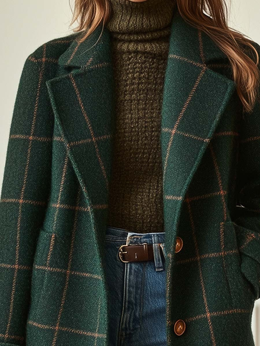 Karierter Damen-Tweedmantel mit Reverskragen und aufgesetzten Taschen für den Winter, Ansicht 2