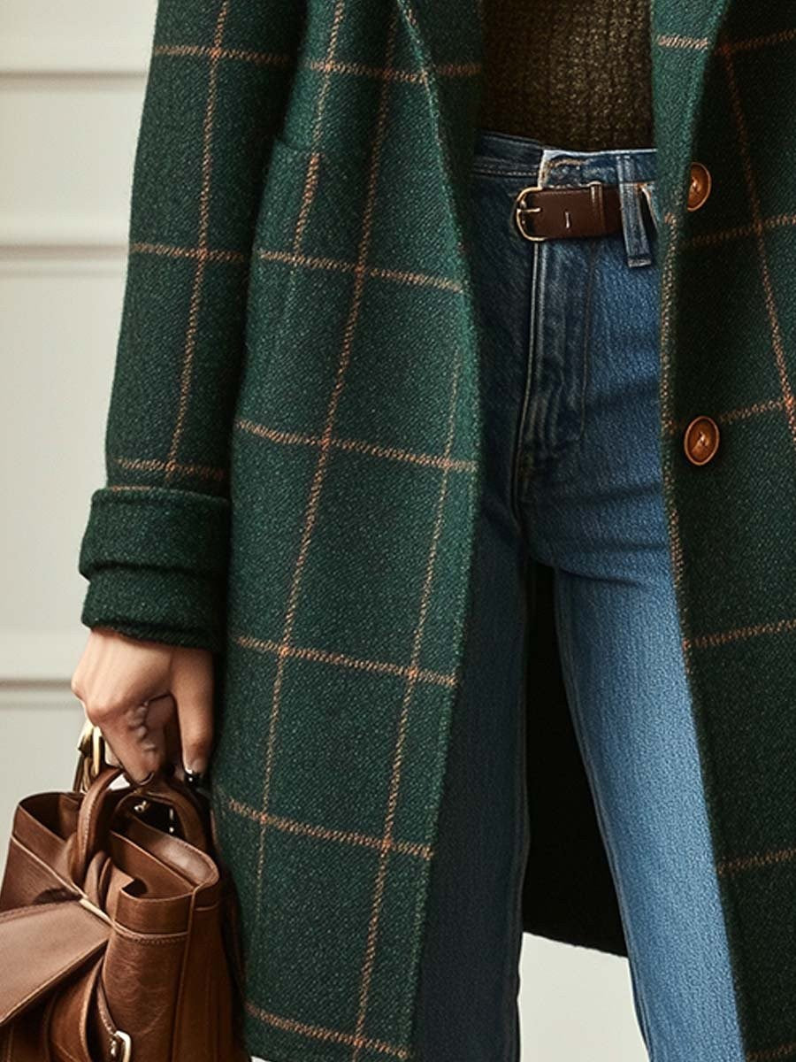 Karierter Damen-Tweedmantel mit Reverskragen und aufgesetzten Taschen für den Winter, Ansicht 3