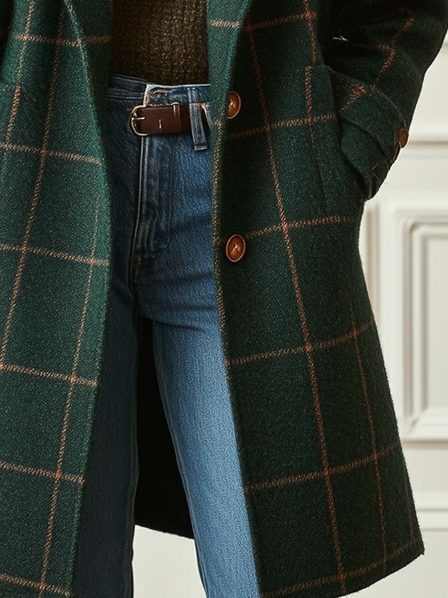 Karierter Damen-Tweedmantel mit Reverskragen und aufgesetzten Taschen für den Winter, Ansicht 4