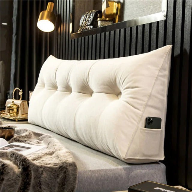 Keilförmiges Rückenkissen fürs Bett aus Baumwoll-Leinen mit abnehmbarem Bezug und Seitentasche in Weiß