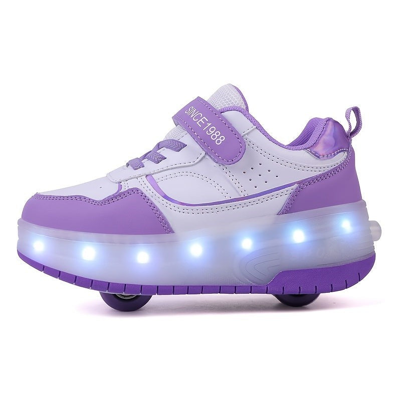 Kinder-Sneaker mit abnehmbaren Rollen, LED-Sohle und USB-Ladefunktion in Lila