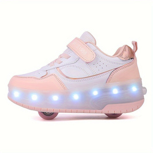 Kinder-Sneaker mit abnehmbaren Rollen, LED-Sohle und USB-Ladefunktion in Rosa