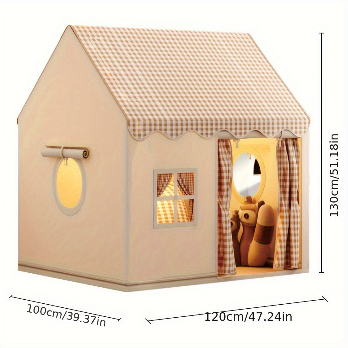 Kinder-Spielhaus aus Polyester und PVC mit Fenstern und Vorhangtür für Kinderzimmer und Garten, Ansicht 6