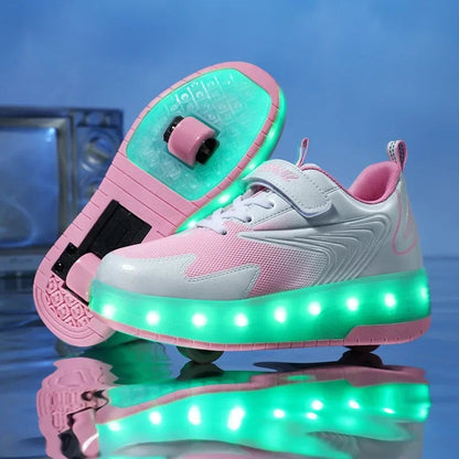 Kinderschuhe mit Rollen, LED-Leuchtsohle und Klettverschluss zum Gehen und Rollen in 812 Rosa