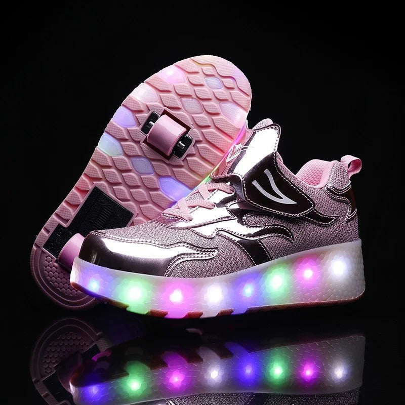 Kinderschuhe mit Rollen, LED-Leuchtsohle und Klettverschluss zum Gehen und Rollen in E67 Rosa