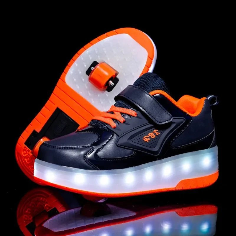 Kinderschuhe mit Rollen, LED-Leuchtsohle und Klettverschluss zum Gehen und Rollen in CD888 Blau-Orange