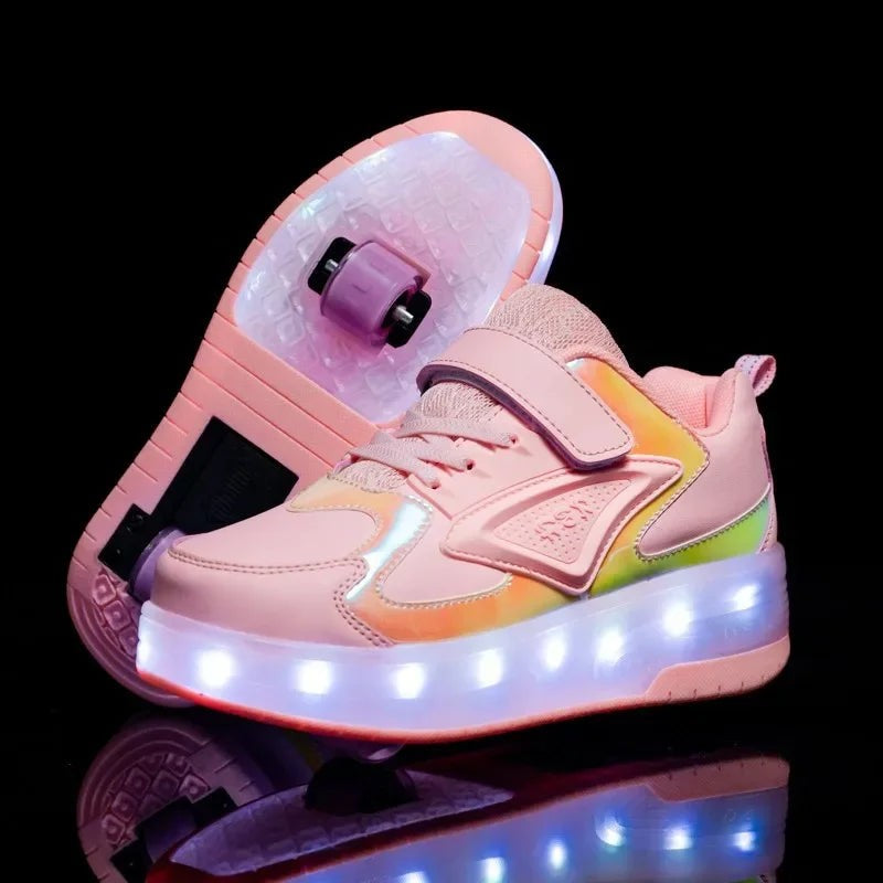 Kinderschuhe mit Rollen, LED-Leuchtsohle und Klettverschluss zum Gehen und Rollen in CD888 Rosa