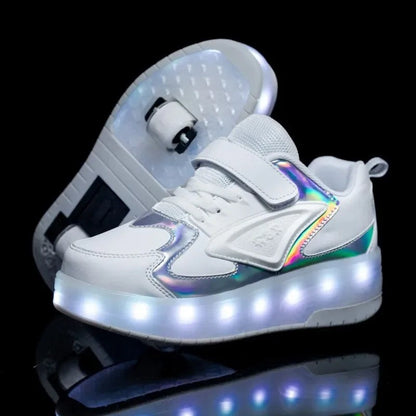 Kinderschuhe mit Rollen, LED-Leuchtsohle und Klettverschluss zum Gehen und Rollen in CD888 Weiß