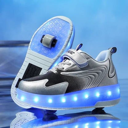 Kinderschuhe mit Rollen, LED-Leuchtsohle und Klettverschluss zum Gehen und Rollen in 812 Silber