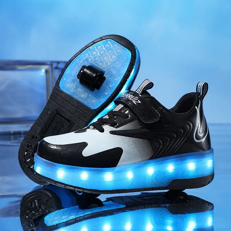 Kinderschuhe mit Rollen, LED-Leuchtsohle und Klettverschluss zum Gehen und Rollen in 812 Schwarz