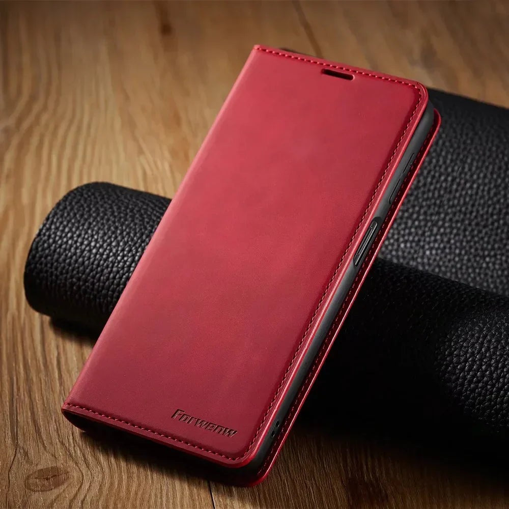 Klapphülle in Lederoptik mit Magnetverschluss, Kartenfächern und Standfunktion für Samsung Galaxy in Rot
