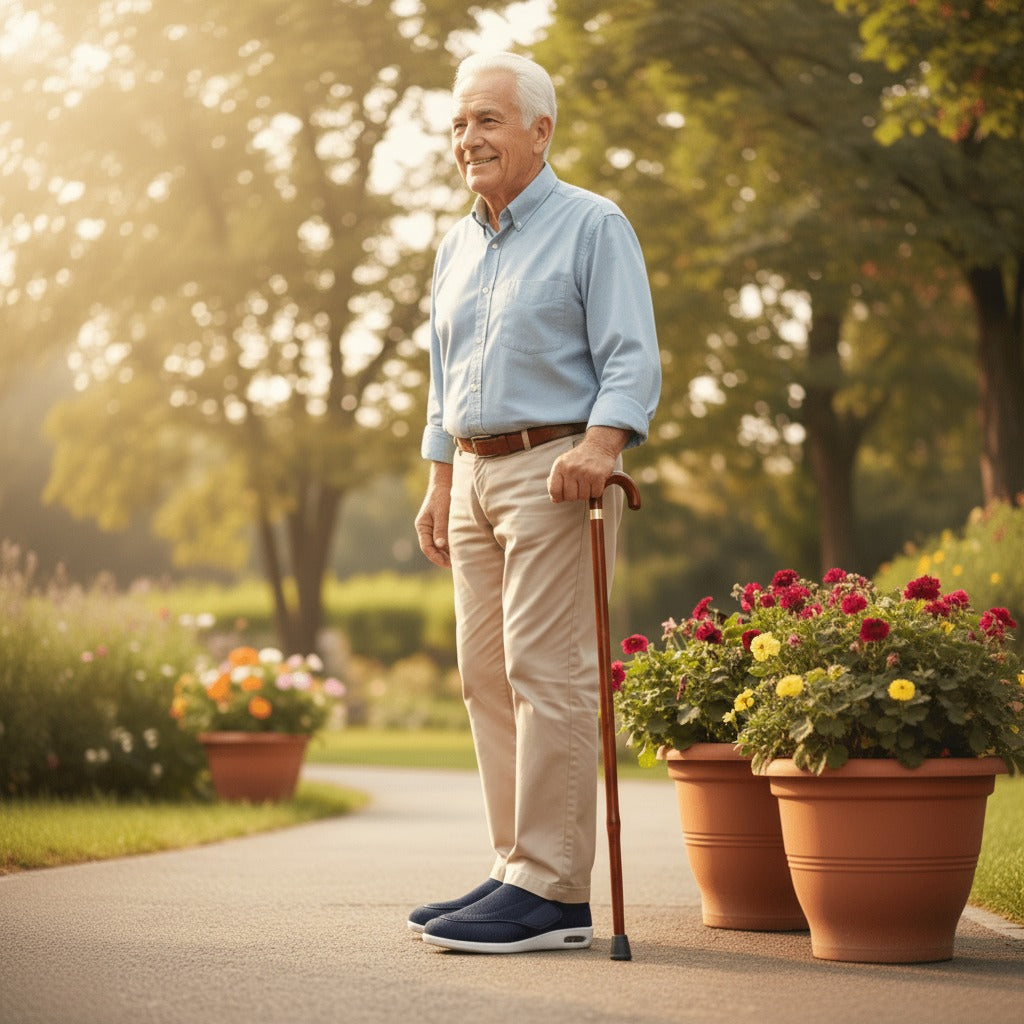 Mann mit blauen Klettschuhen im Park
