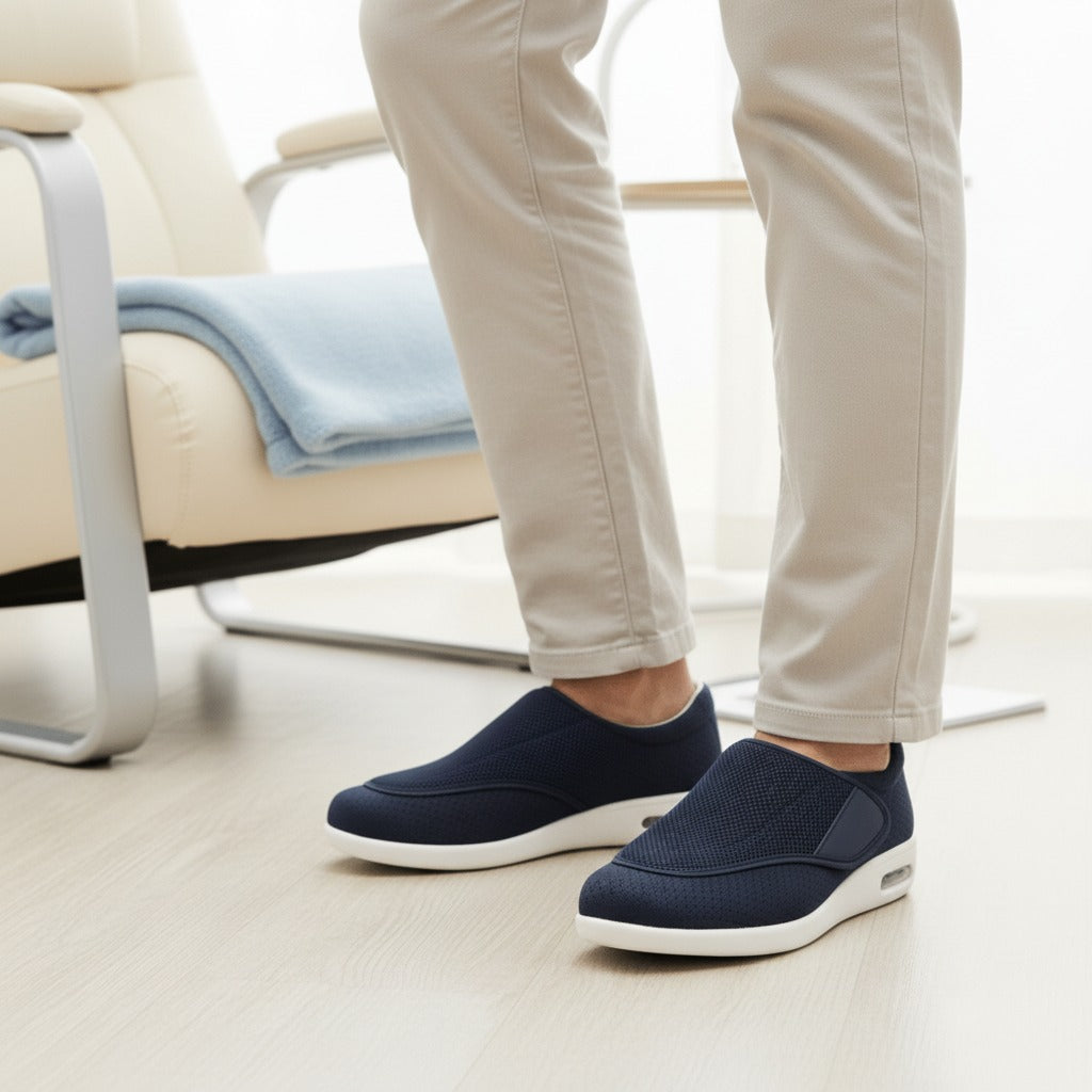 Blaue Klettschuhe im hellen Wohnzimmer