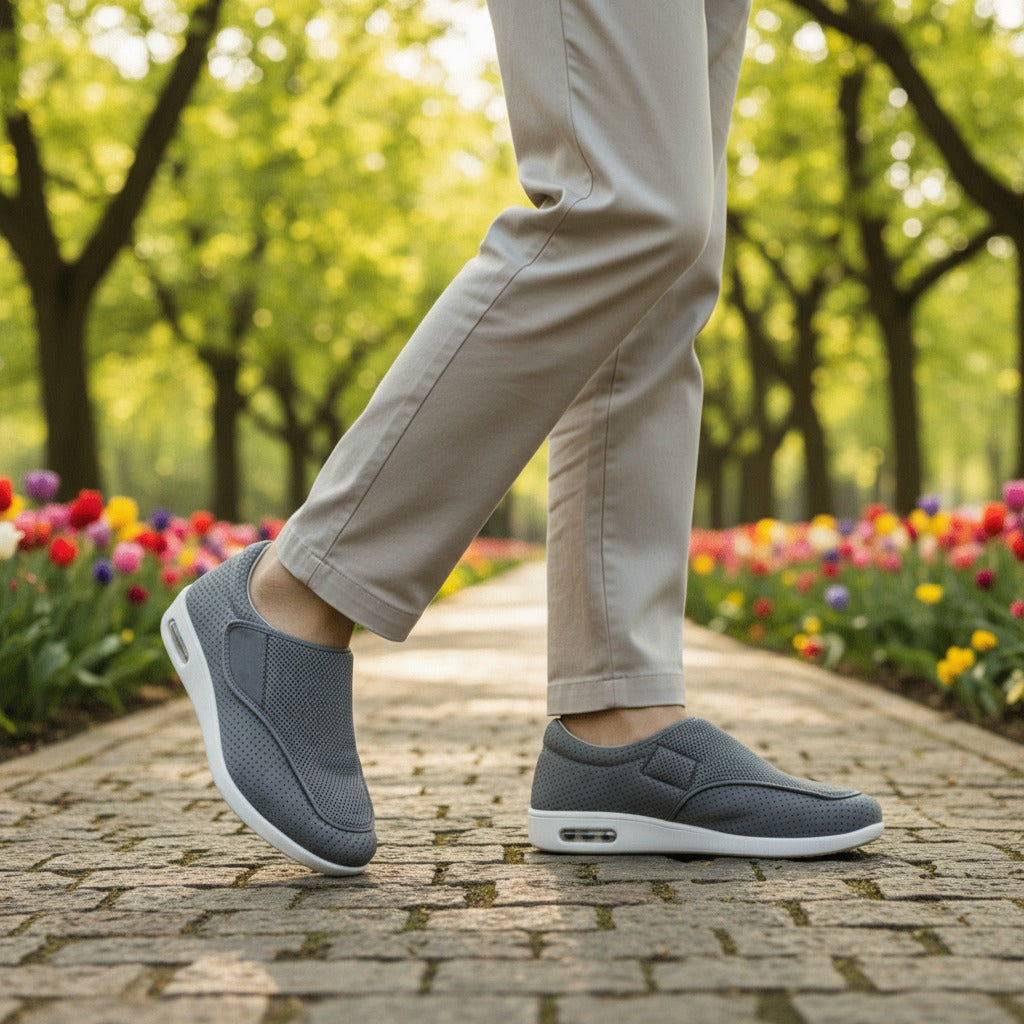 Graue Klettschuhe beim Spaziergang im Park
