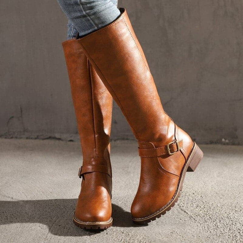 Kniehohe Damen-Stiefel aus Leder mit Schnallen, seitlichem Reißverschluss und Blockabsatz in Braun