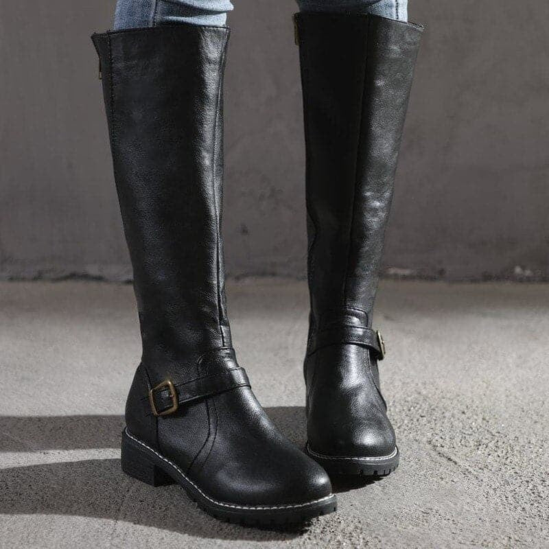 Kniehohe Damen-Stiefel aus Leder mit Schnallen, seitlichem Reißverschluss und Blockabsatz in Schwarz