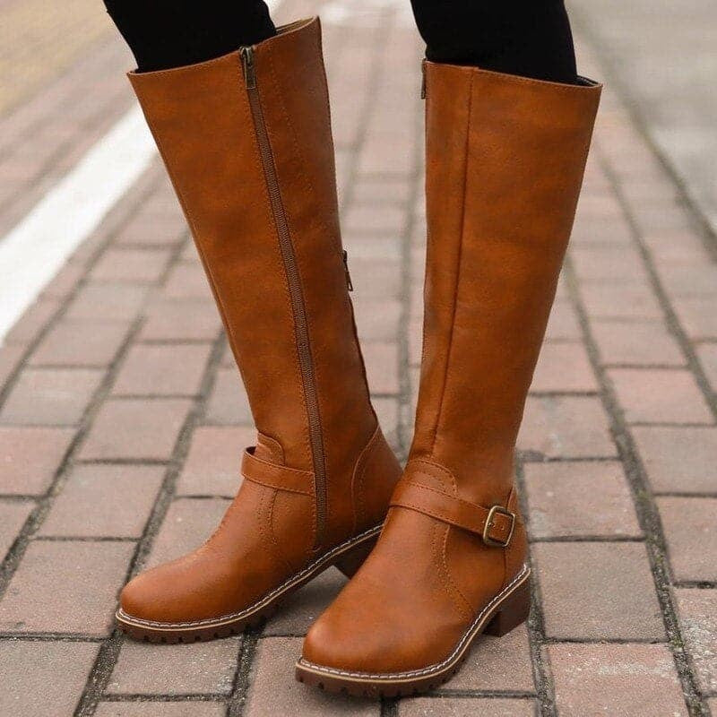 Kniehohe Damen-Stiefel aus Leder mit Schnallen, seitlichem Reißverschluss und Blockabsatz, Ansicht 4