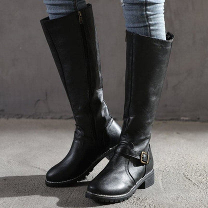 Kniehohe Damen-Stiefel aus Leder mit Schnallen, seitlichem Reißverschluss und Blockabsatz, Ansicht 5