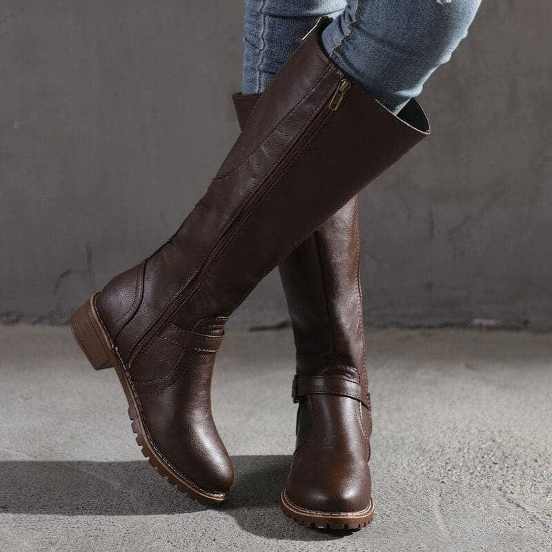 Kniehohe Damen-Stiefel aus Leder mit Schnallen, seitlichem Reißverschluss und Blockabsatz in Dunkelbraun