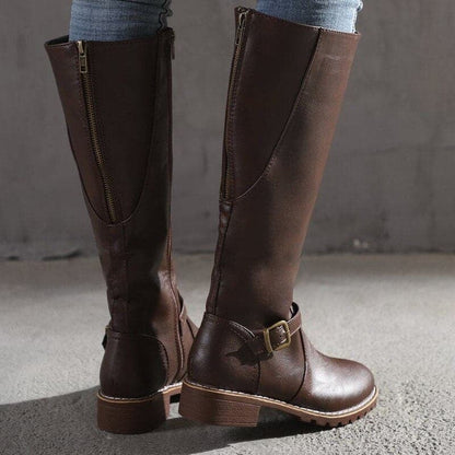 Kniehohe Damen-Stiefel aus Leder mit Schnallen, seitlichem Reißverschluss und Blockabsatz, Ansicht 6