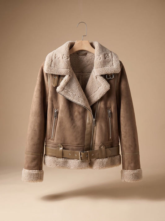 Kurze Damen-Bikerjacke in Wildleder-Optik mit Teddyfutter und abnehmbarem Gürtel in Braun