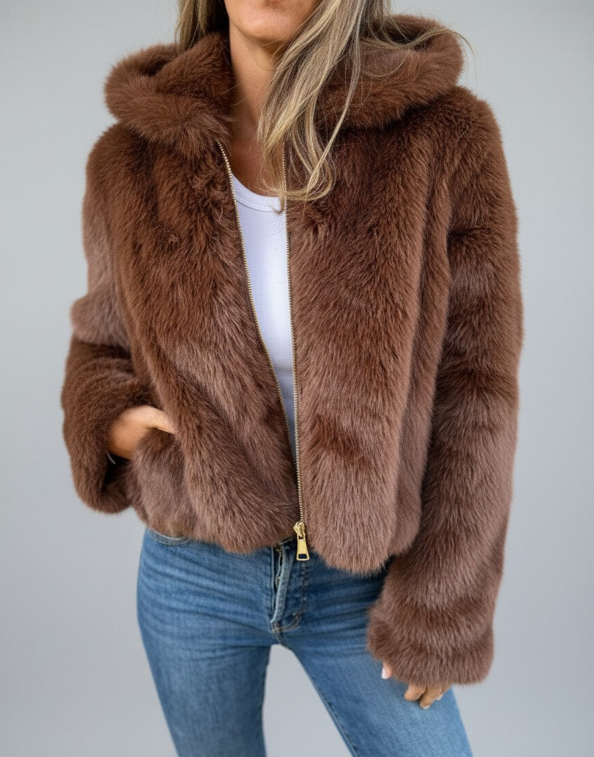 Kurze Damen-Jacke aus Kunstfell mit Stehkragen, leichtem Futter und Reißverschluss, Ansicht 7