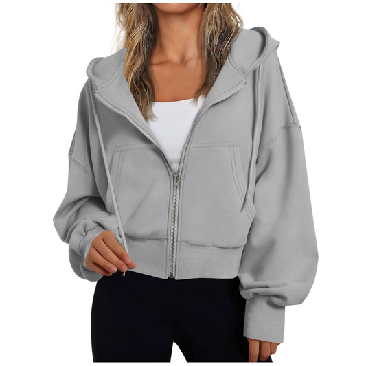 Kurze Damen-Kapuzenjacke mit Reißverschluss, Kängurutasche und Rippbündchen in Grau