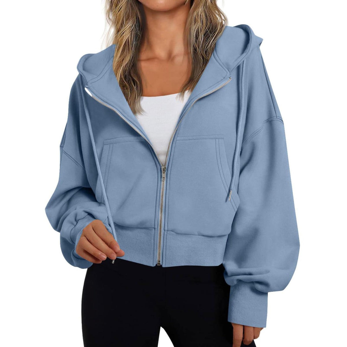 Kurze Damen-Kapuzenjacke mit Reißverschluss, Kängurutasche und Rippbündchen in Blau