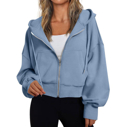 Kurze Damen-Kapuzenjacke mit Reißverschluss, Kängurutasche und Rippbündchen in Blau