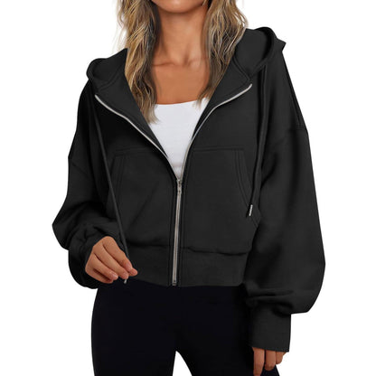 Kurze Damen-Kapuzenjacke mit Reißverschluss, Kängurutasche und Rippbündchen in Schwarz