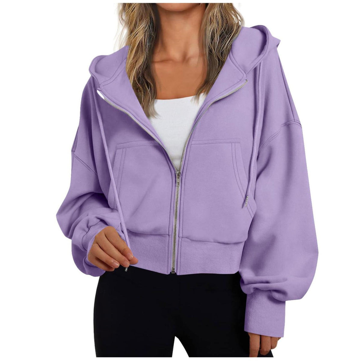 Kurze Damen-Kapuzenjacke mit Reißverschluss, Kängurutasche und Rippbündchen in Lila
