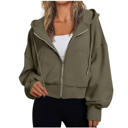 Kurze Damen-Kapuzenjacke mit Reißverschluss, Kängurutasche und Rippbündchen in Armeegrün