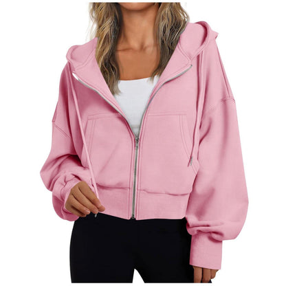 Kurze Damen-Kapuzenjacke mit Reißverschluss, Kängurutasche und Rippbündchen in Rosa