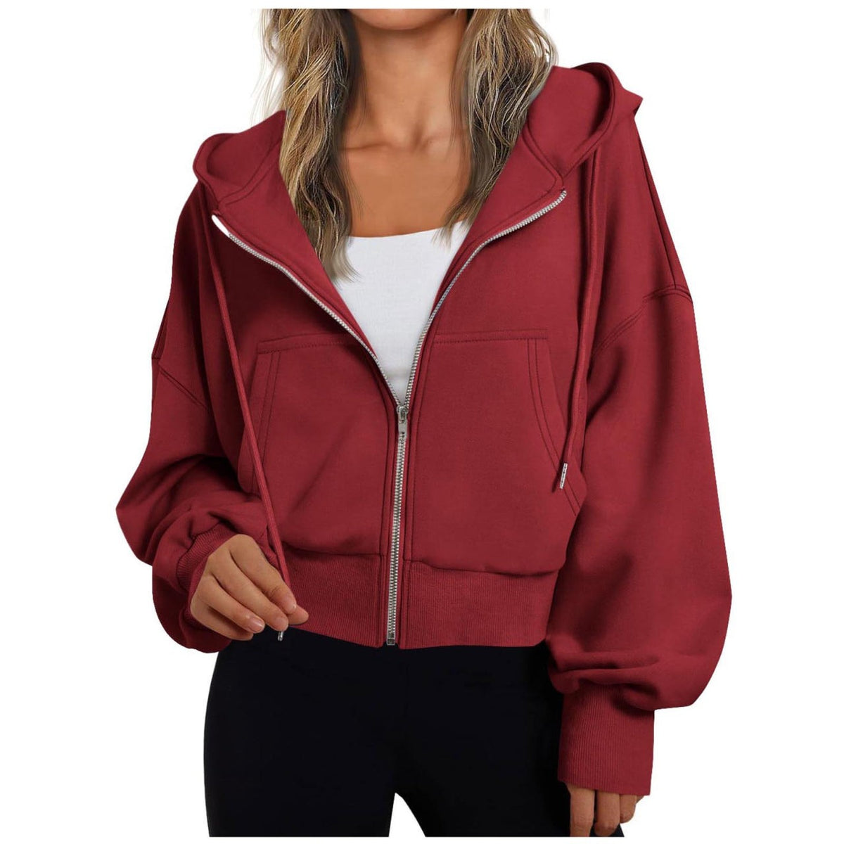 Kurze Damen-Kapuzenjacke mit Reißverschluss, Kängurutasche und Rippbündchen in Rot