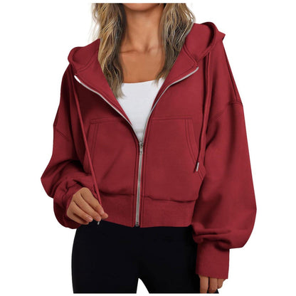 Kurze Damen-Kapuzenjacke mit Reißverschluss, Kängurutasche und Rippbündchen in Rot